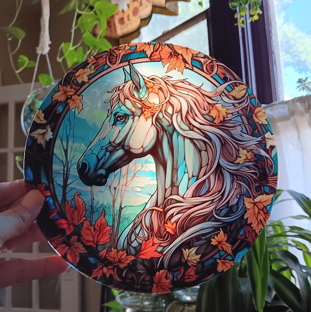Whimsical Horse Art Suncatcher with Autumn Leaves, Fantasy Whimsy Summer Decor - Picture 2 of 5